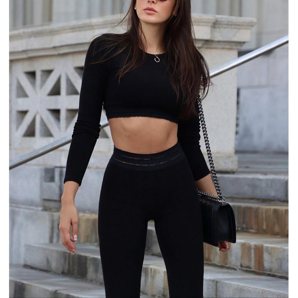 Alo Seamless Luxe Terry High-Waist Cuddle Legging Black Hi-Rise Slit Hem Bootcut - Picture 7 of 13